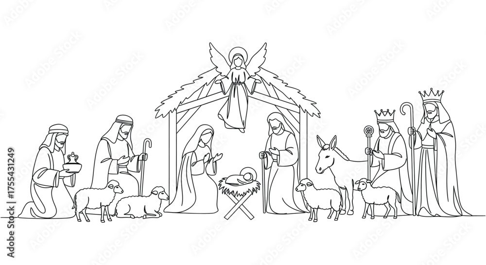 Obraz premium Nativity Scene with Angel, Shepherds, Magi, and Animals Christmas birth