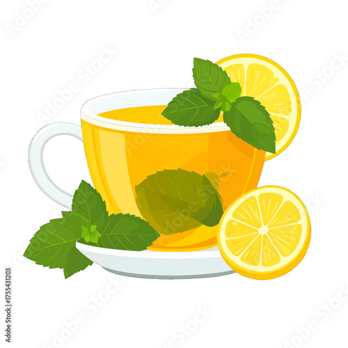 Refreshing Yellow Tea in Glass Cup with Lemon Slices and Green Mint Leaves on White Background