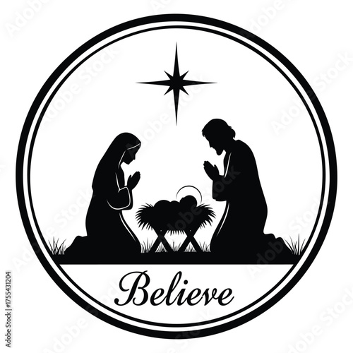 Nativity scene silhouette with star and text Believe in circle Christmas holiday