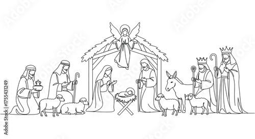 Nativity Scene with Angel, Shepherds, Magi, and Animals Christmas birth