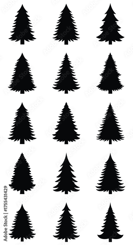 Obraz premium Set of Black Silhouette Christmas Trees on White Background Keywords: Christmas tree, pine tree