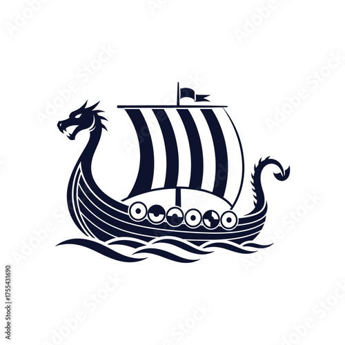 Viking longship with dragon head and striped sail silhouette boat vessel