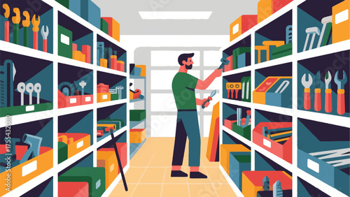 Illustration Of Person At A Hardware Store Selecting Tools, Surrounded By Shelves Of Various Hardware Items Vector Design Template
