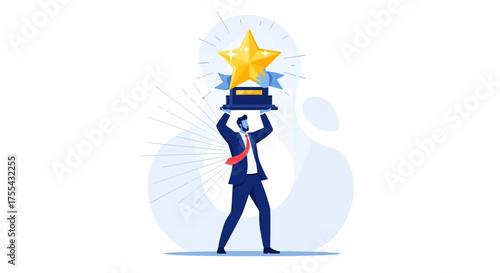 Successful Businessman Celebrating Achievement By Holding Up Golden Star Trophy With Pride