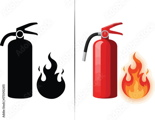 Red fire extinguisher icon and flame symbol safety equipment illustration