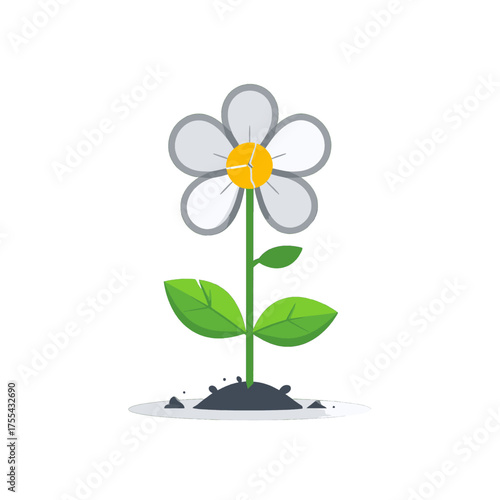 Pixelated White Daisy Flower Illustration with Green Stem and Leaves on Dark Soil in a Clean White Background