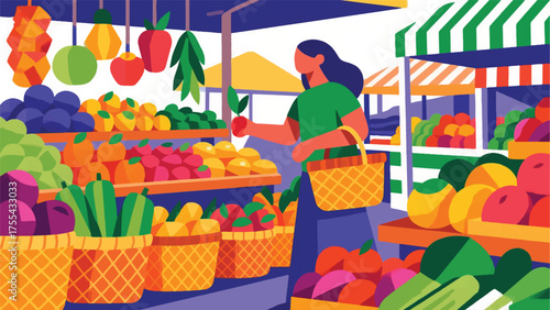 illustration of person browsing colorful fresh produce at a vibrant farmer's market, with detailed fruits, vegetables, and woven baskets.eps