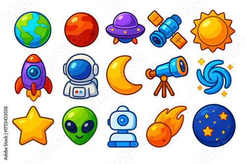 Space icons set with stars planets and astronaut symbols in vector design