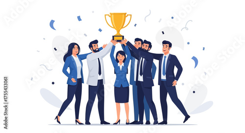 Team Celebrates Achievement: A Group Rejoices With Trophy, Symbolizing Success And Triumph