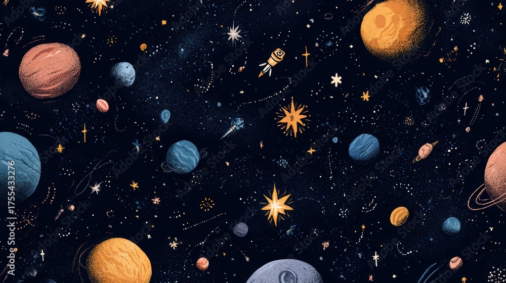 Fototapeta premium Colorful Cosmic Scene with Planets, Stars, and Astronaut in Space