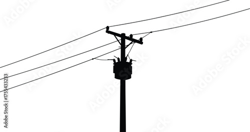 Electric distribution pole with transformer and power cables, utility energy infrastructure silhouette 