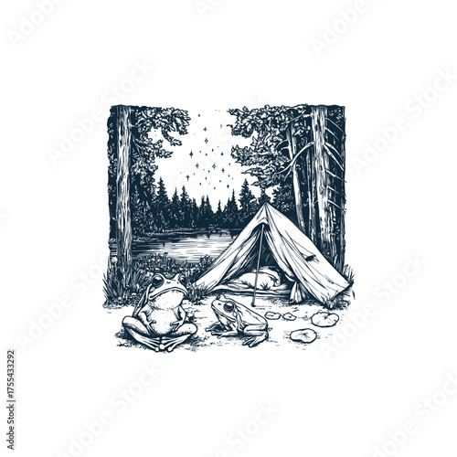 A whimsical black and white hand-drawn illustration featuring two charming frogs camping in a forest at night
