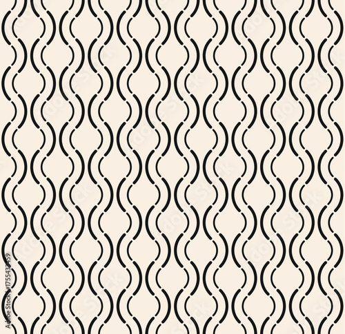 Seamless wavy pattern of lines. Black thin line pigtails seamless pattern on beige background. White modern vintage pattern. Vector illustration.
