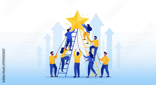 Teamwork Reaching For Success: People Collaborate To Achieve Common Goals