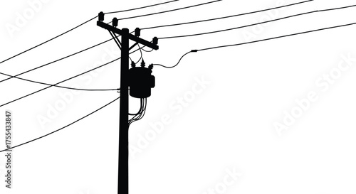 Electric power distribution pole with transformer and multiple cables, utility line infrastructure silhouette illustration, industrial energy transmission network vector design for electricity system
