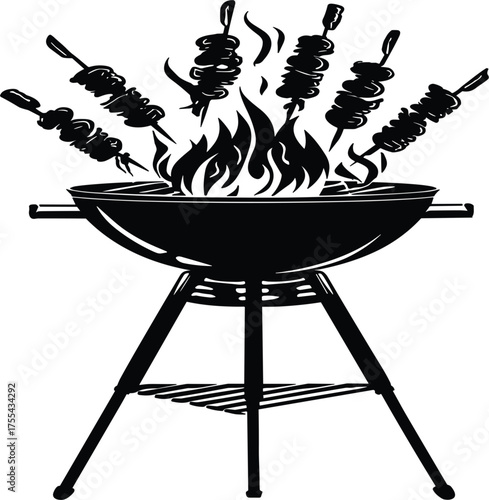Black silhouette vector of a barbecue grill with skewers of food and rising flames, clean isolated vector style