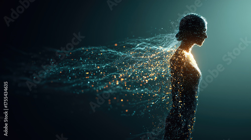 Digital silhouette dissolving into data streams