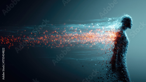 Digital human silhouette dissolving into data streams