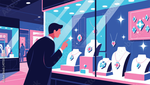Illustration Of Person Admiring Jewelry In A Brightly Lit Mall Display Case, With Sparkling Gems And Elegant Vector Design Template