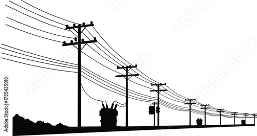 Electric power line poles vector illustration, rural electricity transmission infrastructure, energy distribution system silhouette, 