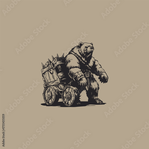 A detailed vintage illustration of an anthropomorphic bear pulling a heavy wooden cart filled with supplies, including spears and sacks