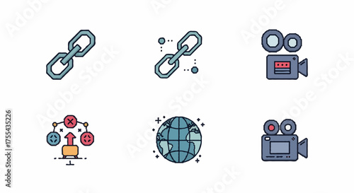 Collection of various icons including chain links, a video recorder, a network, and a globe.