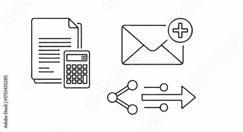 A set of line art icons representing accounting, new email, and sharing data.