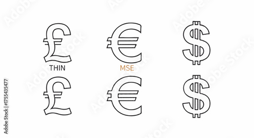 Comparison of Pound, Euro, and Dollar currency symbols in different line weights.