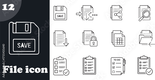 Collection of hand drawn file icons and save floppy disk symbol representing digital data vector