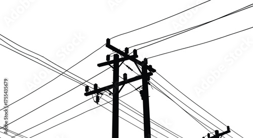 Electric power pole vector illustration with multiple wires and insulators, high voltage line silhouette design, industrial utility infrastructure, energy transmission concept