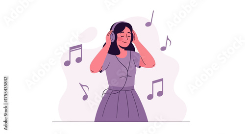 Woman Enjoying Melody Listening To Tunes Through Headphones, Capturing Musical Bliss in Art