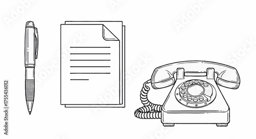 Illustration of a pen, paper, and rotary phone, depicted in black and white line art.