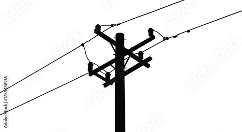 Electric power pole with high voltage cables and insulators, black silhouette vector illustration, electricity transmission structure, industrial energy distribution network design
