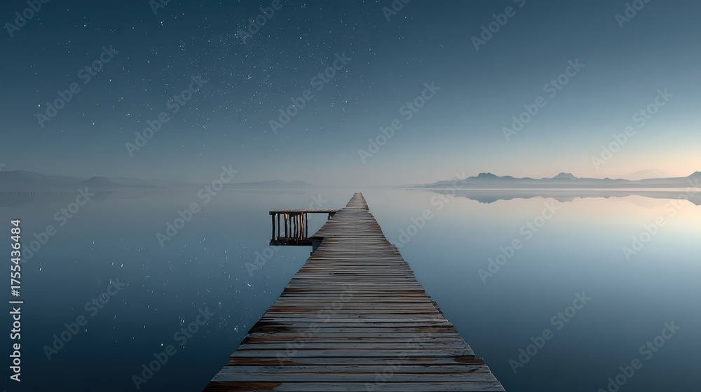 Fototapeta premium Serene Dock at Dusk with Calm Water and Starry Sky Reflection