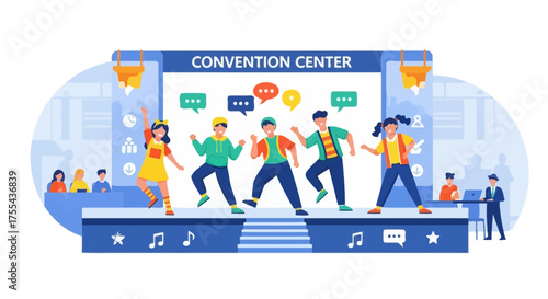 Cheerful Performers Dance at Event, Lively and Energetic, Convention Center Stage