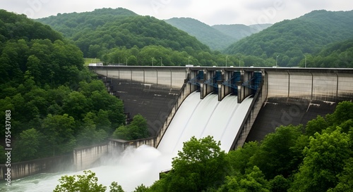 Mighty dam releases water down steep spillway surrounded by lush green mountains