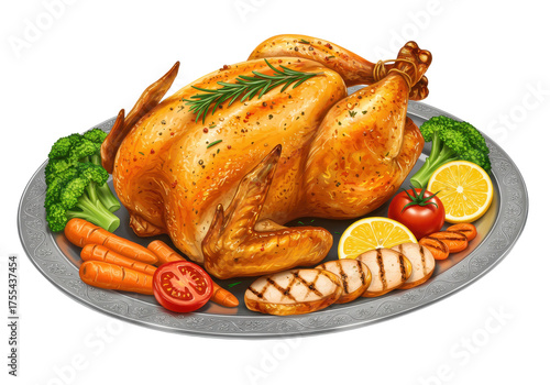 Delicious Roasted Chicken Dinner with Fresh Vegetables and Lemon Slices on a Platter  isolated on transparent png