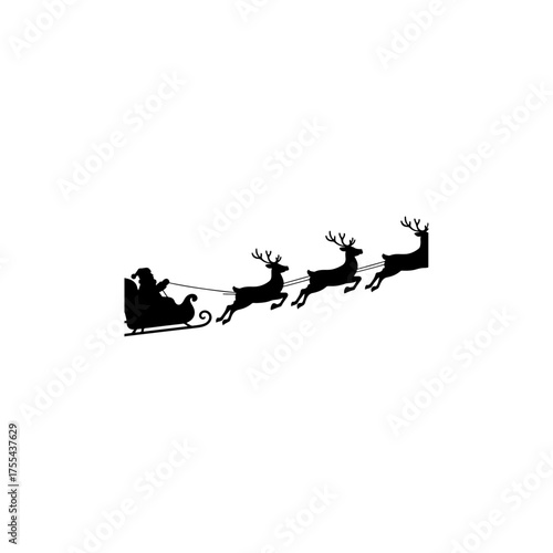 Santa Claus is flying in sleigh with Christmas reindeer. Silhouette of Santa Claus, sleigh with Christmas presents and reindeer 