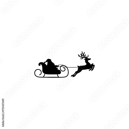 Santa Claus is flying in sleigh with Christmas reindeer. Silhouette of Santa Claus, sleigh with Christmas presents and reindeer 