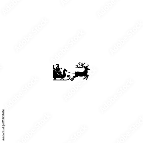 Santa Claus is flying in sleigh with Christmas reindeer. Silhouette of Santa Claus, sleigh with Christmas presents and reindeer 