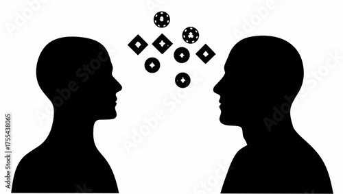 Conceptual mind game between two people with poker chips and diamonds in silhouette, strategizing
