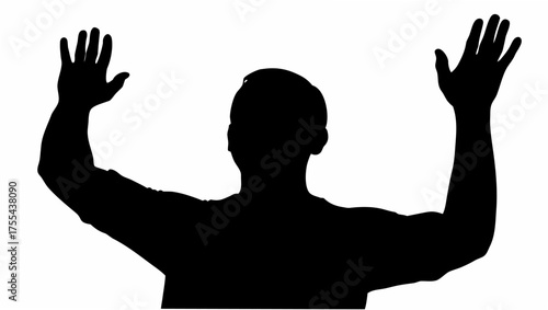 Silhouette of surrender raises hands in plea, stark expression of fear, danger, desperation