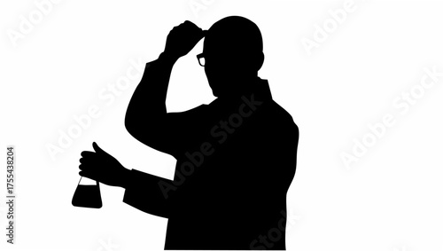 Intriguing silhouette of a scientist adjusting glasses while holding beaker in lab coat, science concept