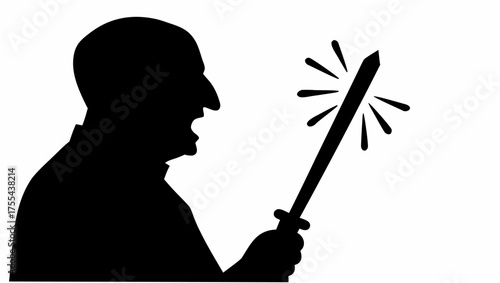 Furious man silhouette wielding sword, expressing intense anger and rage in stark black and white design