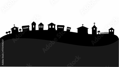 Picturesque village silhouette with charming houses, church, and rolling hills against a clear sky design element
