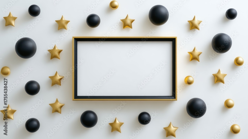Fototapeta premium Black and Gold Christmas Decorations Frame on White Background with Ornaments