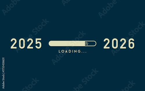 Loading New Year 2026 banner with a creative progress bar transitioning from 2025. This modern vector concept represents the future, progress, countdown, and a new beginning on a blue background.