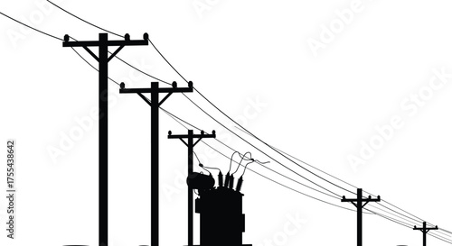 Electric power poles and transformer silhouette with high voltage distribution lines, rural electricity network infrastructure, energy transmission system vector illustration on white background