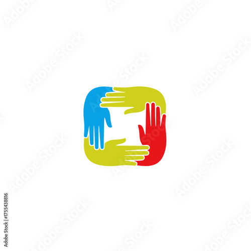 Colorful Teamwork Symbol with Interlocking Hands on White Background Graphic