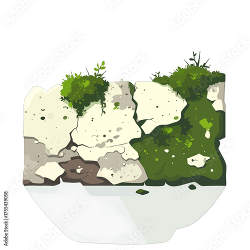 Pixel Art Wall with Green Moss Overgrowth Detail Isolated on White Background Weathered Texture Grungy Surface Aged Appearance Natural Elements Neutral Tones